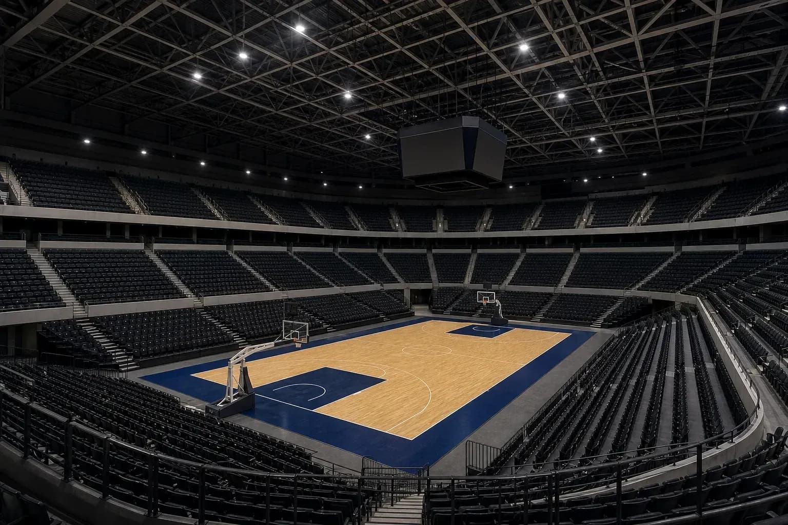 Empty basketball court in a modern arena