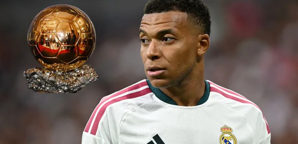 Player in Real Madrid jersey with Ballon d'Or trophy