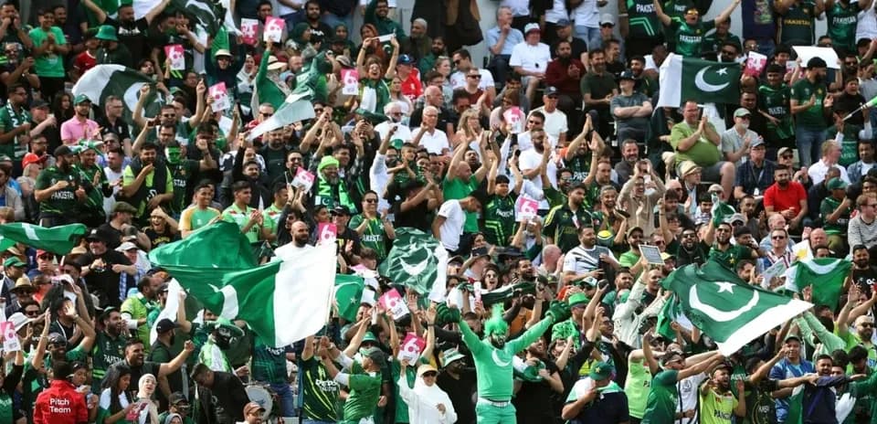 Fans cheering with flags during cricket match