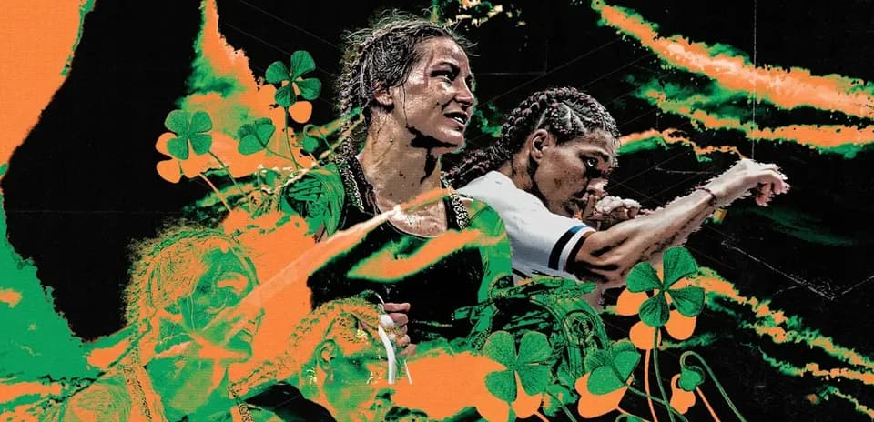 Two female fighters with colorful graphic background