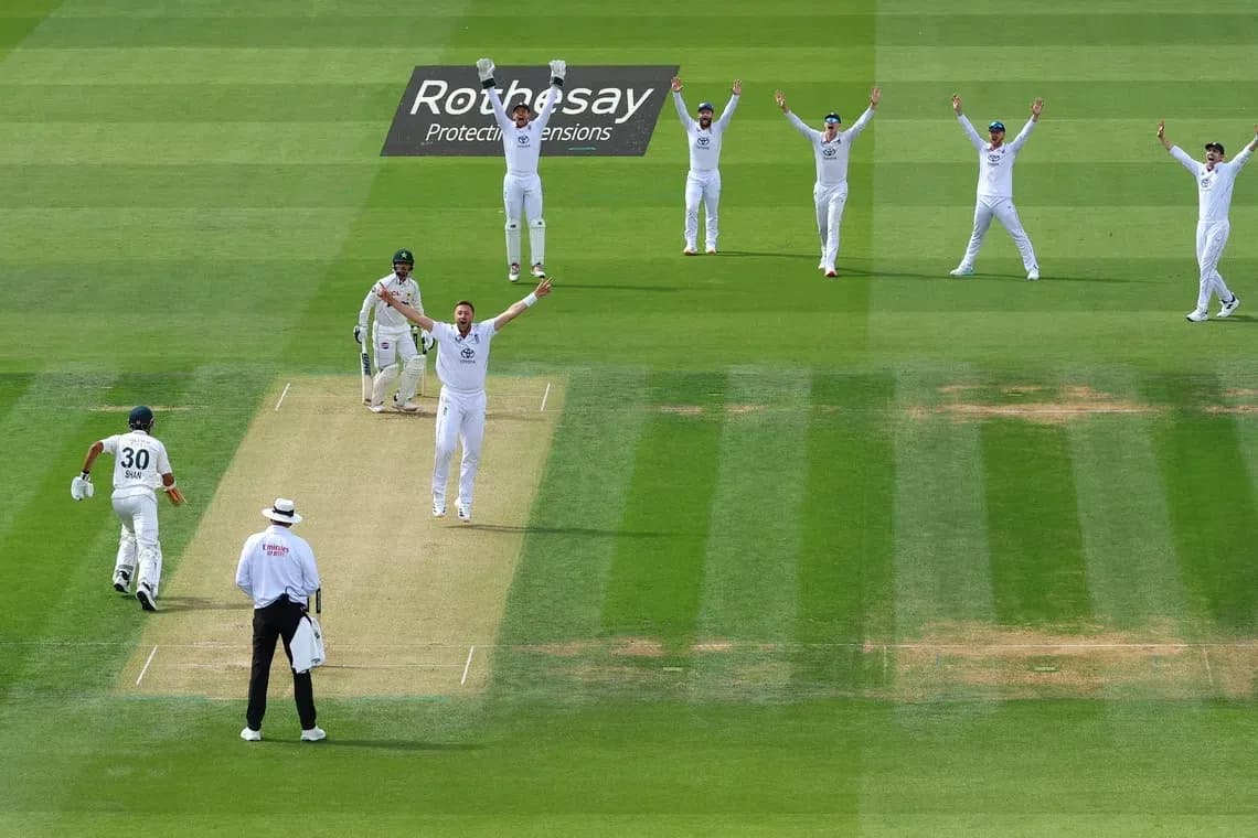 Bowler celebrating as batsman walks away from pitch