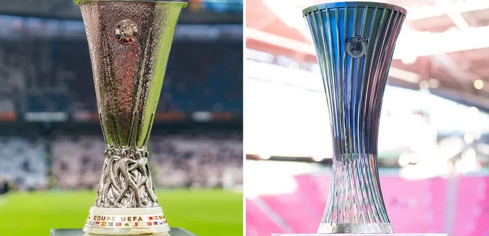 UEFA Europa League and Europa Conference trophies displayed