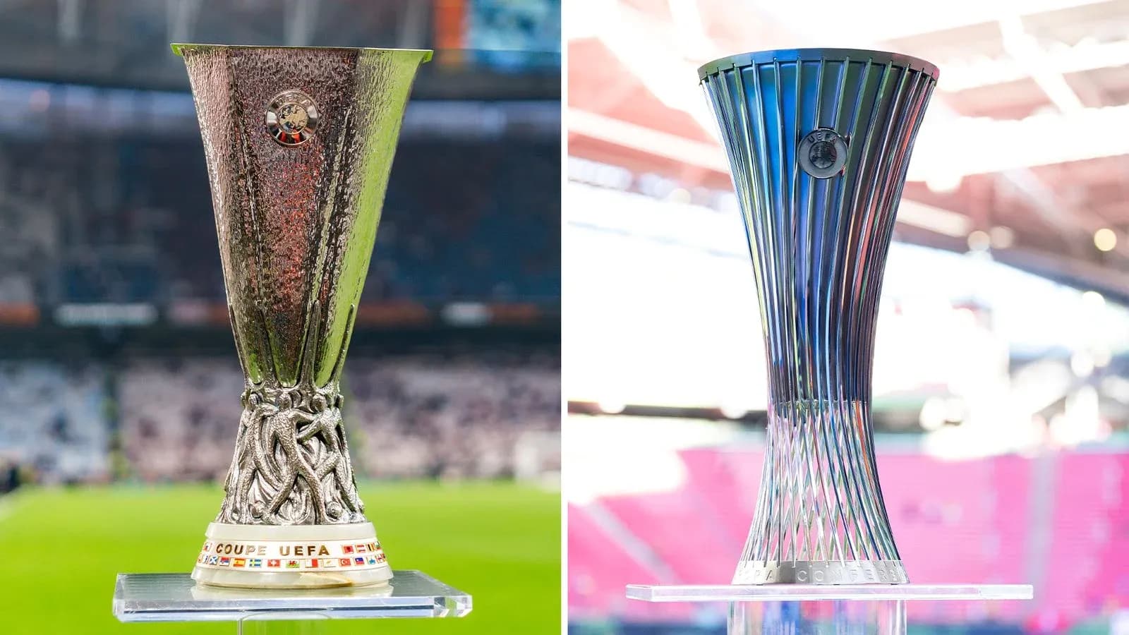 UEFA Europa League and Europa Conference trophies displayed