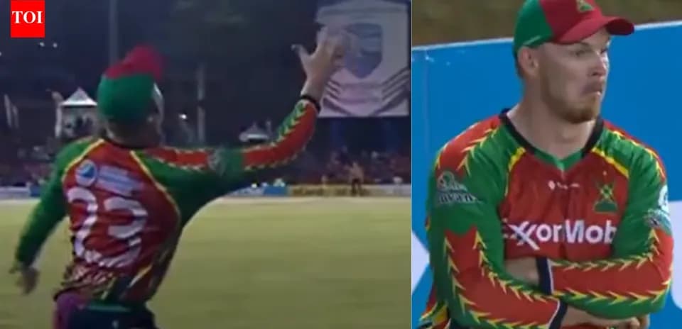 Player catching the ball during a cricket match