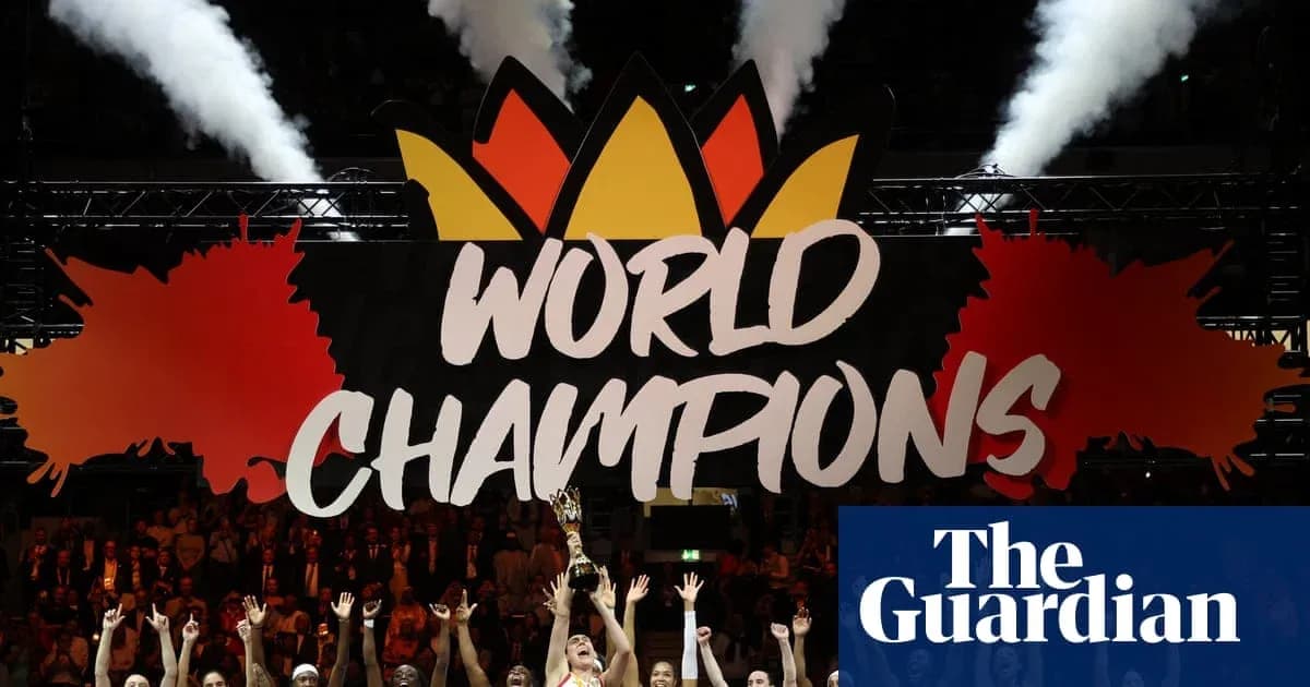 Team celebrating under 'WORLD CHAMPIONS' banner