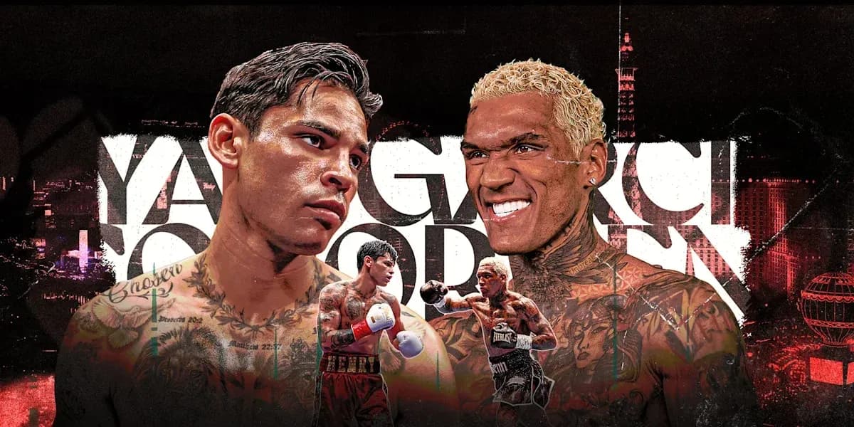 Two boxers facing off with city skyline background