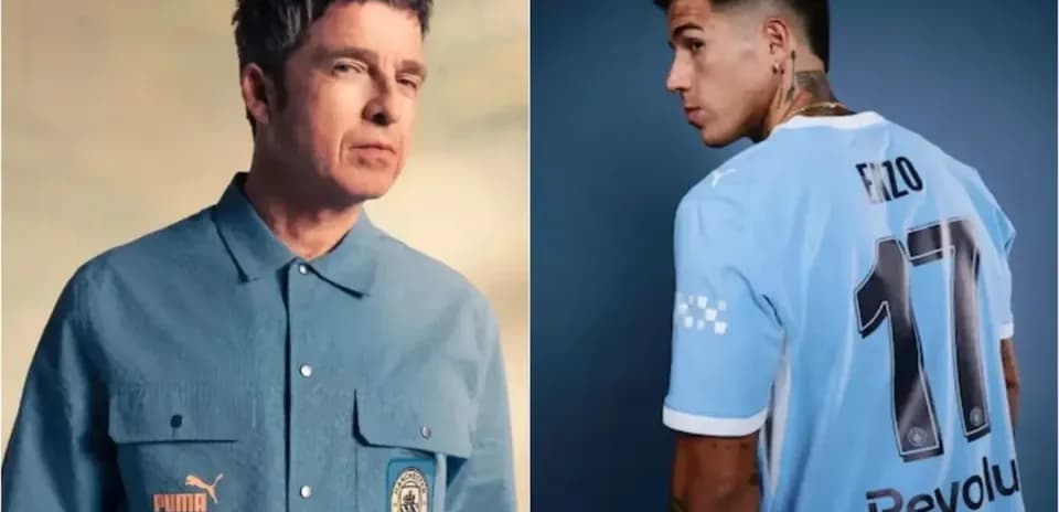 Man in blue shirt and footballer in kit