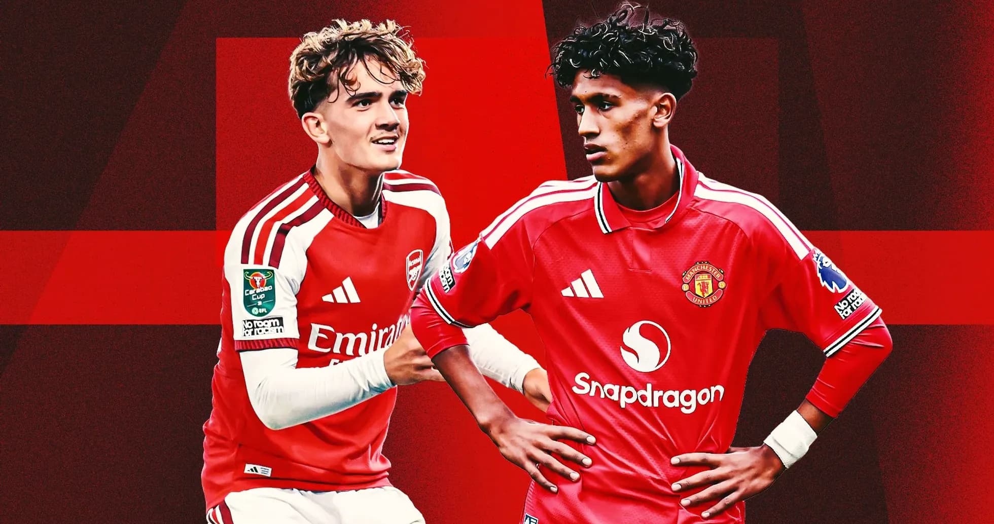 Two young football players in team jerseys