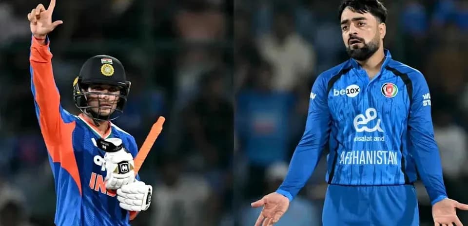 Indian player celebrating while Afghan player reacts