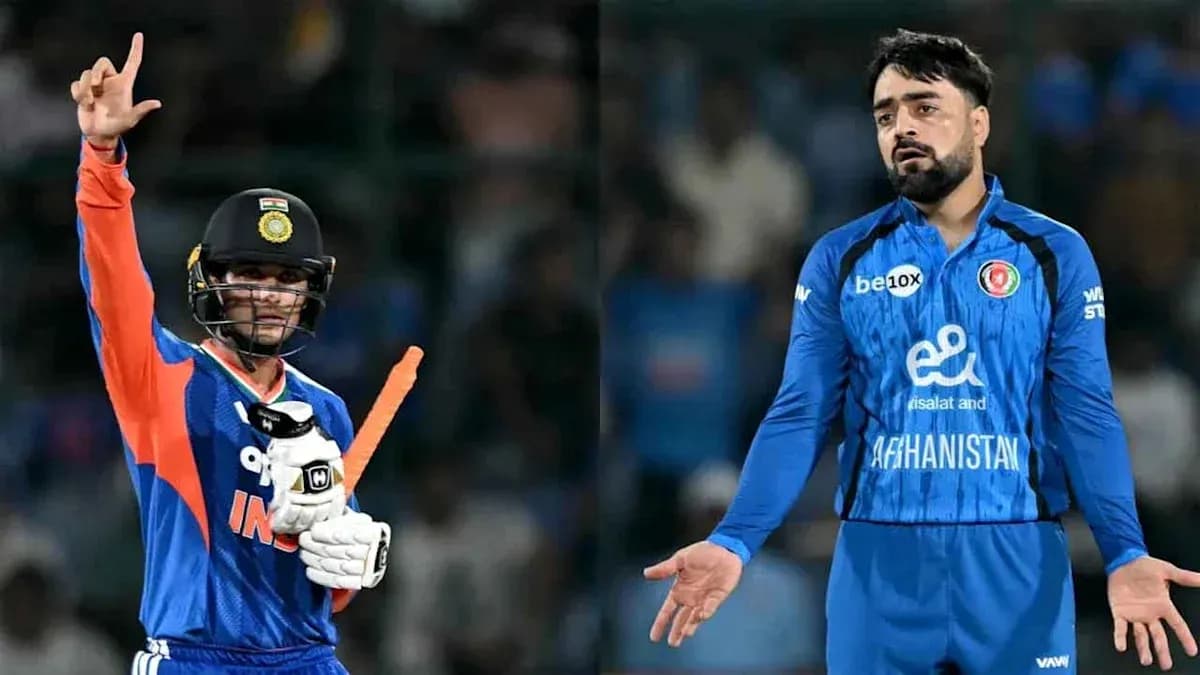 Indian player celebrating while Afghan player reacts
