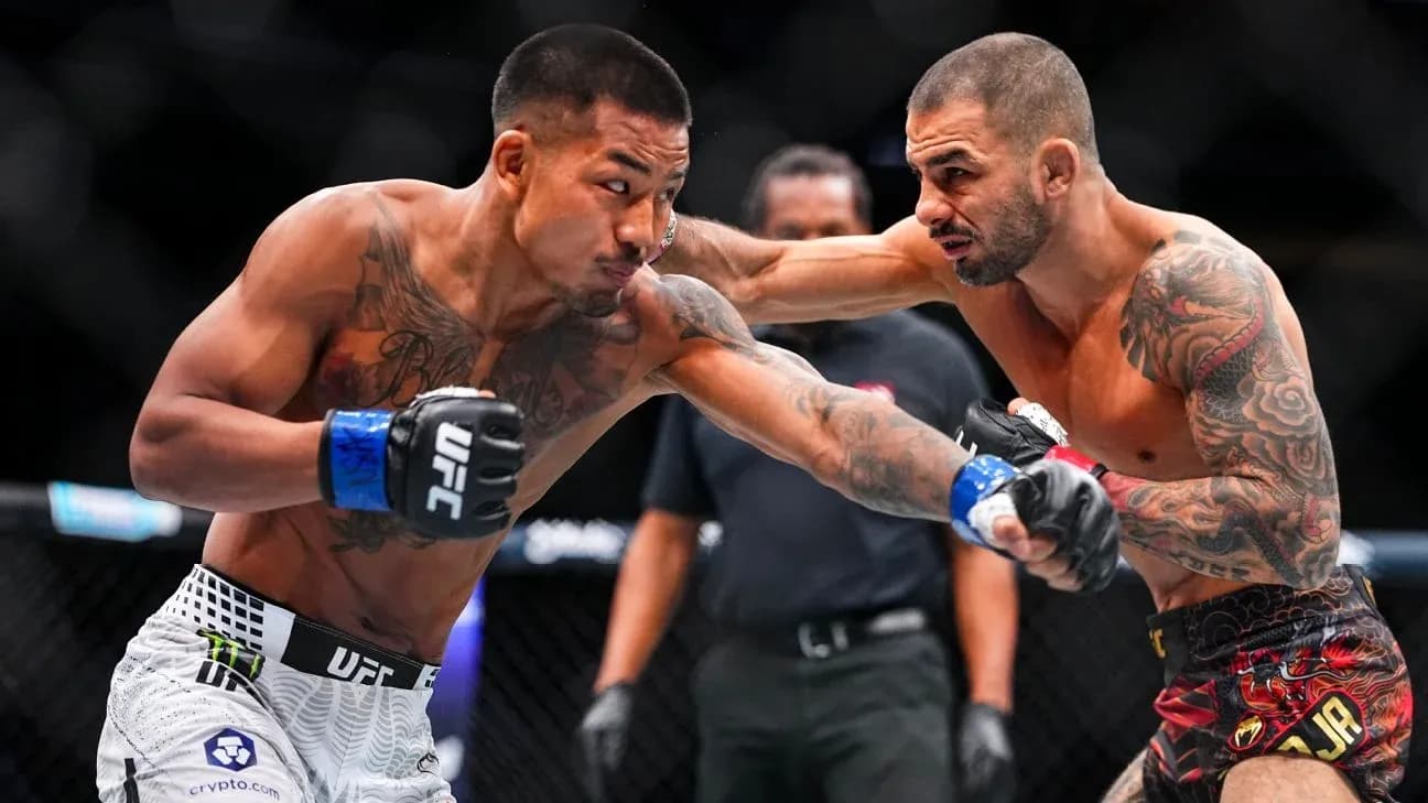 Two fighters exchanging punches in the octagon Two fighters exchanging punches in the octagon
