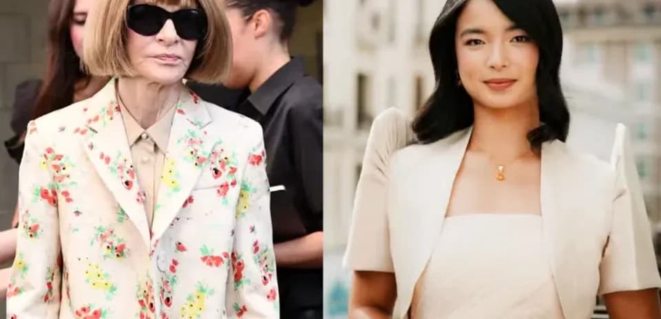 Two women in fashionable outfits, one in floral suit