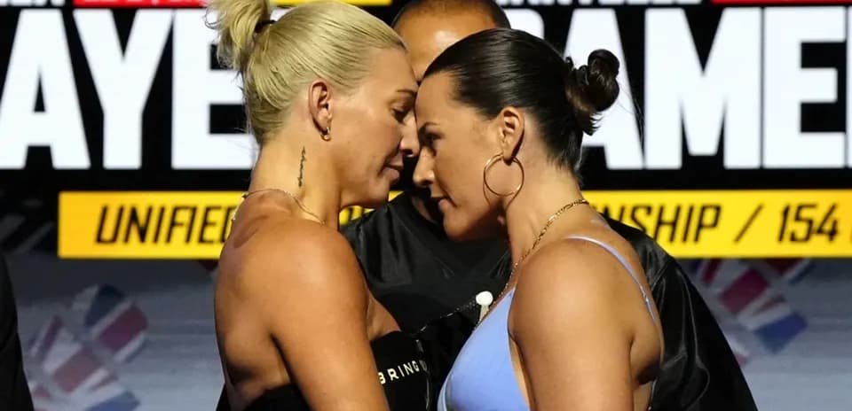 Two boxers facing off during championship weigh-in