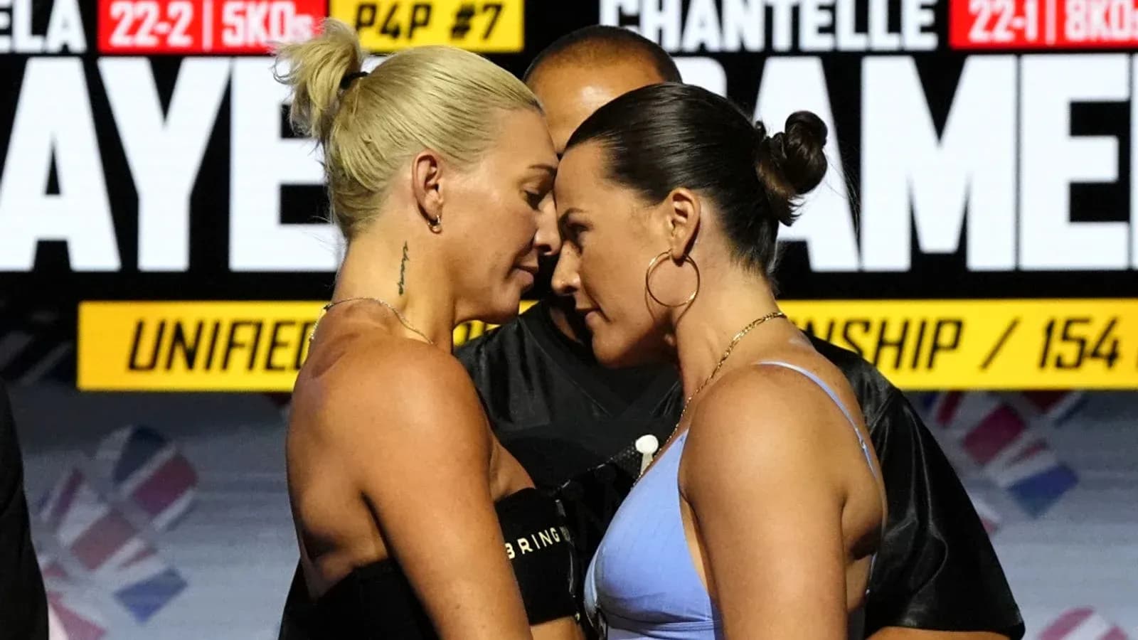 Two boxers facing off during championship weigh-in