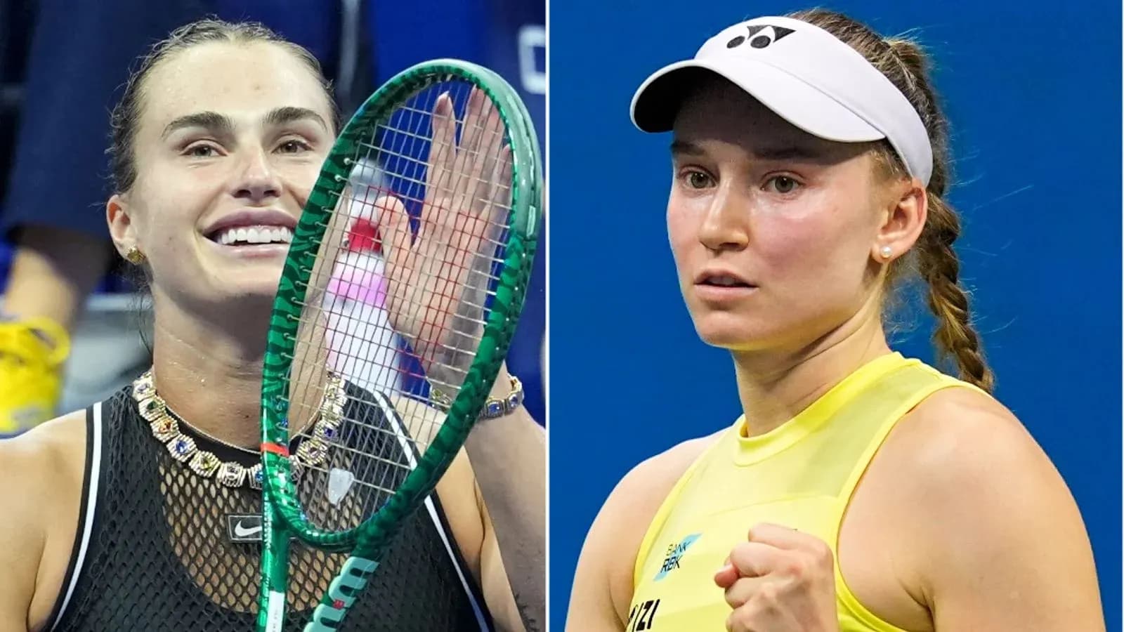 Two female tennis players in competitive poses Two female tennis players in competitive poses