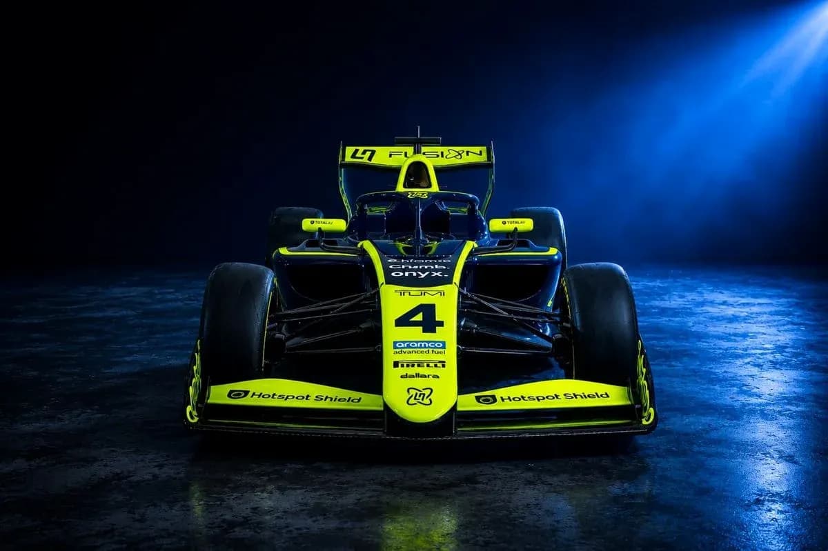 Front view of a brightly colored race car