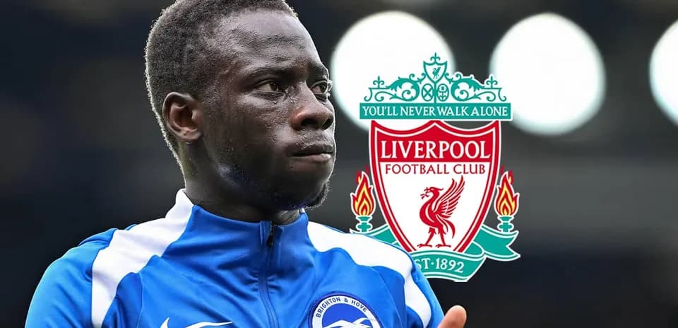 Player in Brighton jersey with Liverpool logo background