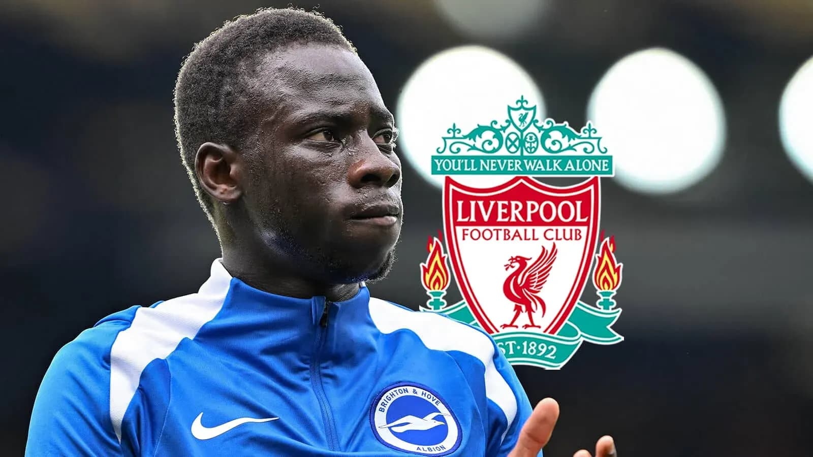 Player in Brighton jersey with Liverpool logo background