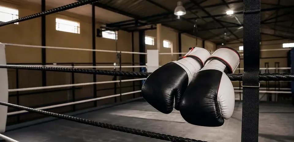 Boxing gloves hanging on ring ropes