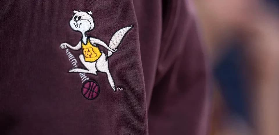 Embroidered mascot logo on sweatshirt with basketball