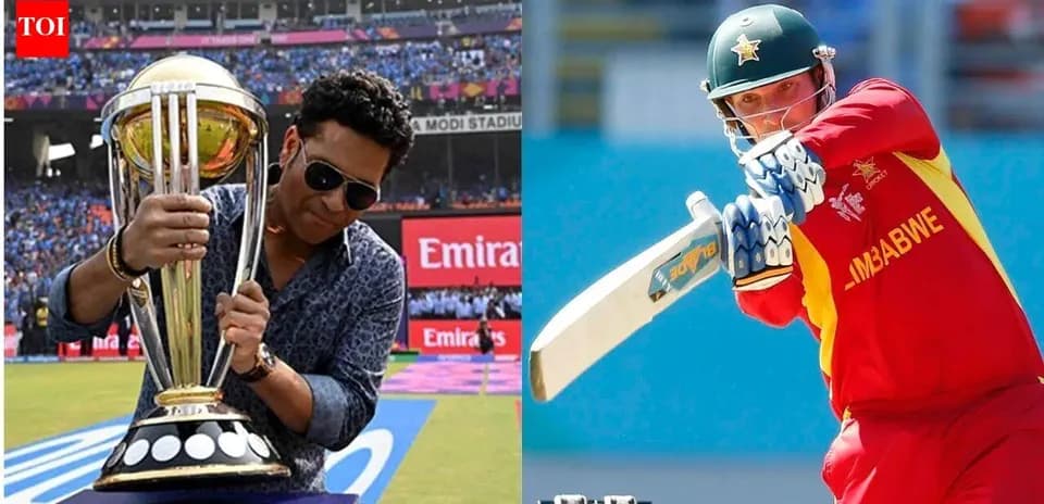Sachin Tendulkar holding a trophy and batsman playing