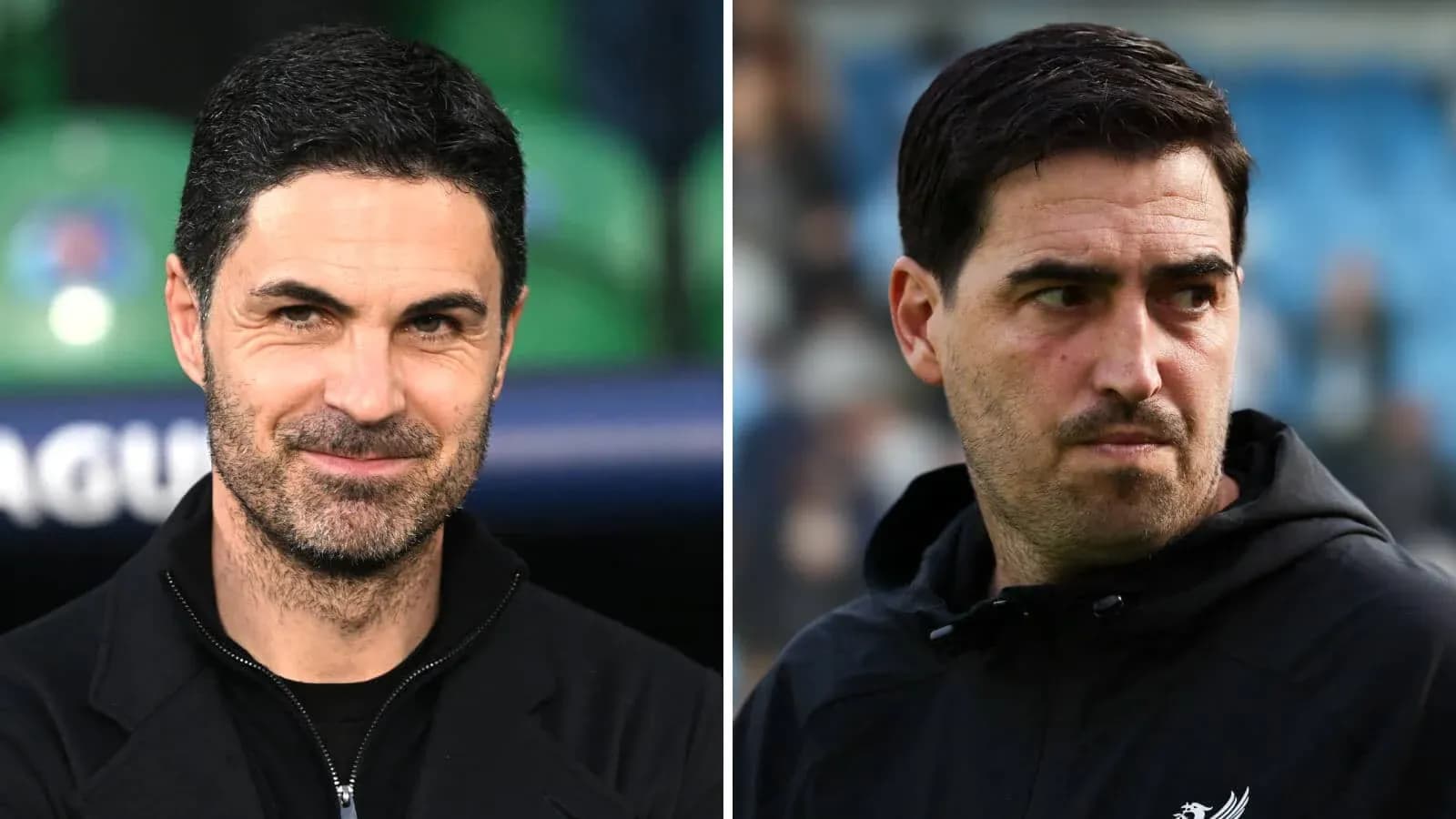 Two football managers in separate close-up shots