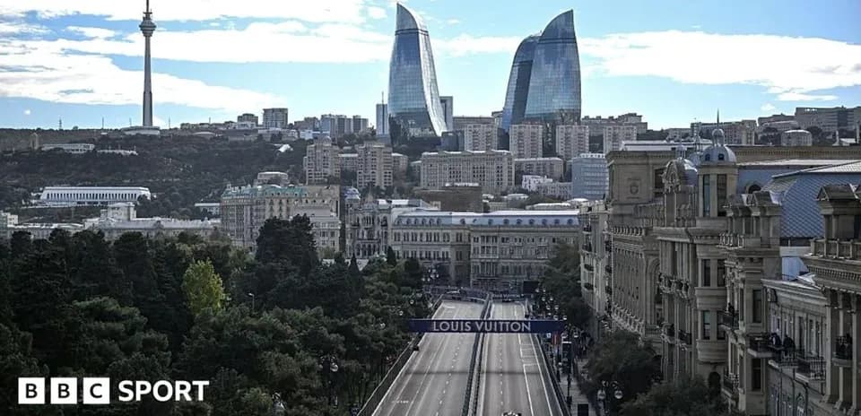 Cityscape of Baku with modern buildings and racetrack