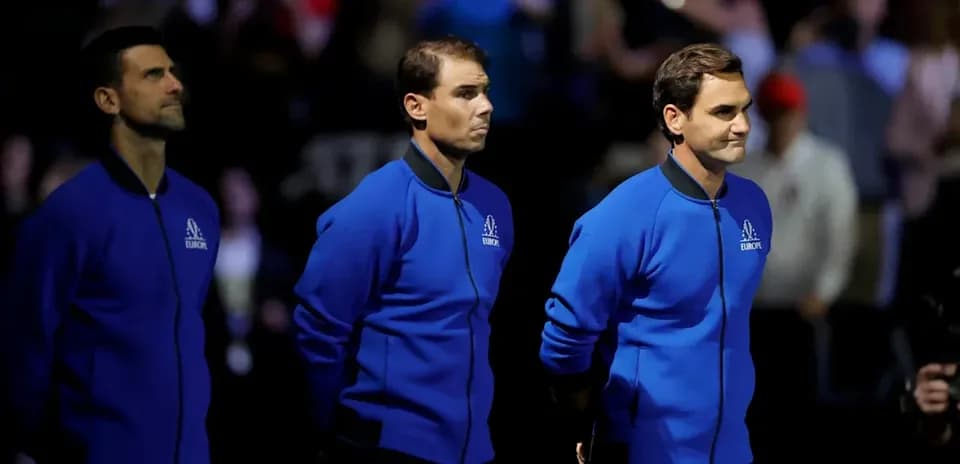 Novak Djokovic, Rafael Nadal, and Roger Federer on stage