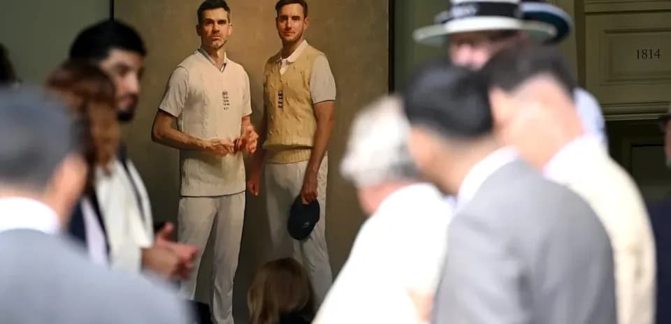 Crowd gathered around a cricket painting unveiling