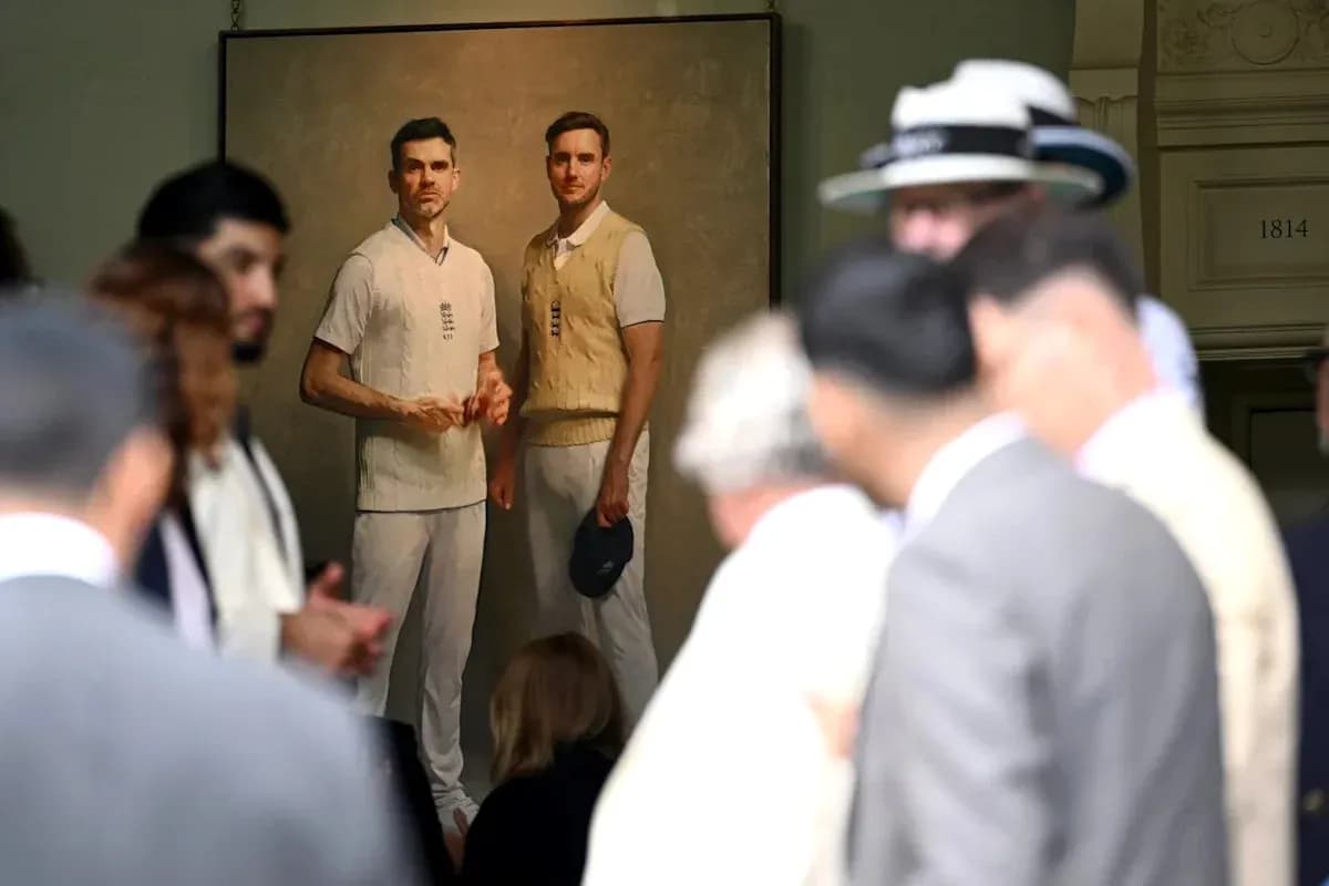 Crowd gathered around a cricket painting unveiling