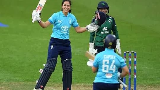 England batter celebrating after hitting a boundary