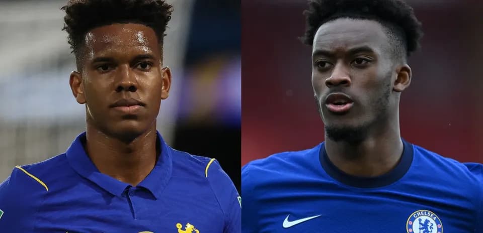 Two Chelsea players in blue jerseys looking forward