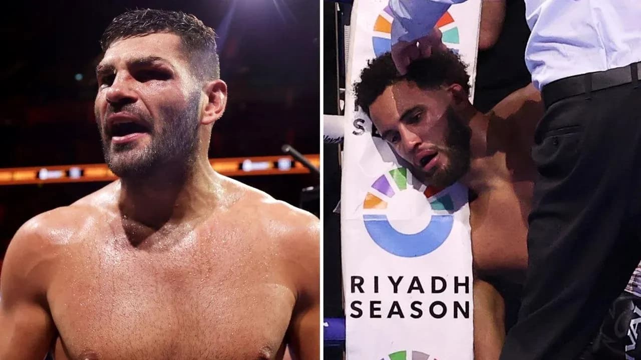 Two boxers after a match; one celebrating, one injured