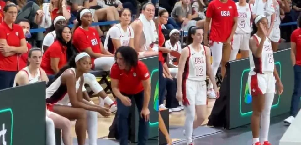 USA women's basketball team during game break huddle