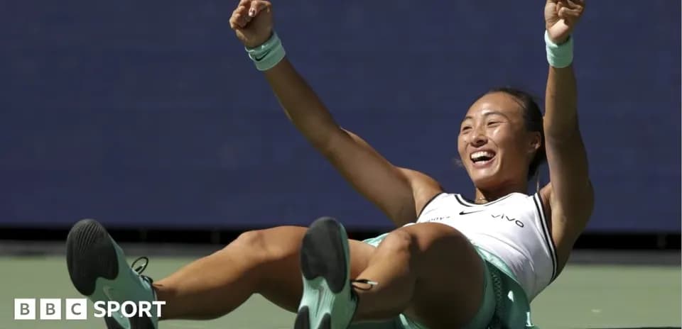 Tennis player celebrating on court after victory