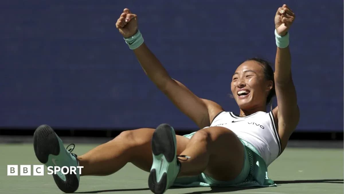 Tennis player celebrating on court after victory