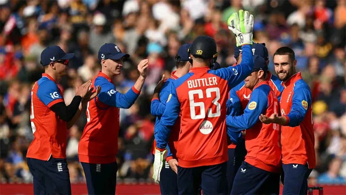 England cricket team celebrating a wicket during match