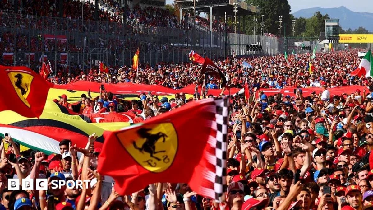 Crowd of Ferrari fans waving flags at event
