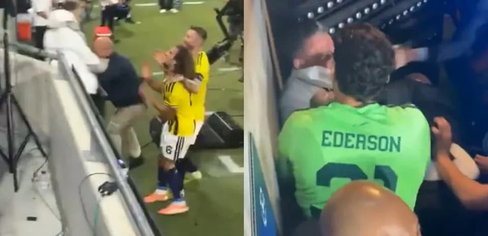 Players involved in a scuffle after the match