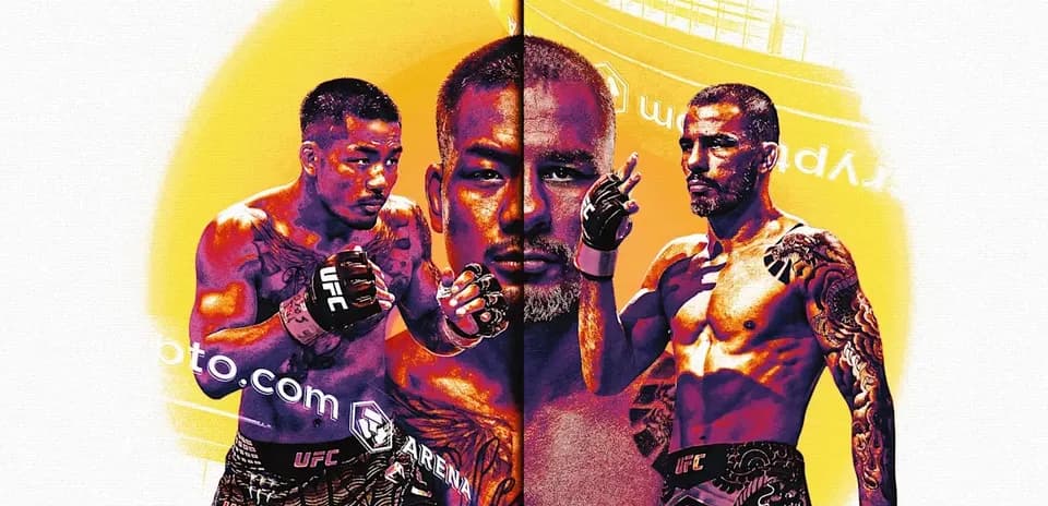 Two fighters in UFC gear on colorful background