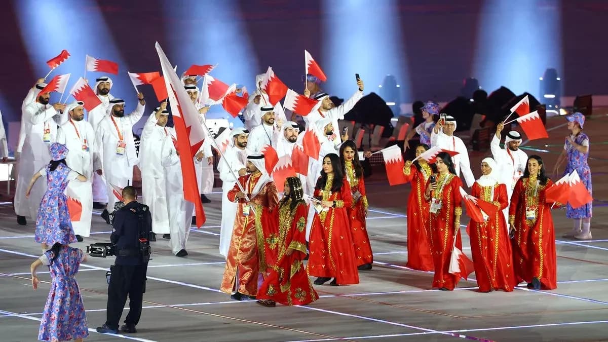 Bahrain team parading with flags at opening ceremony