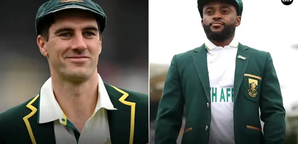 Two cricketers wearing national team blazers and caps