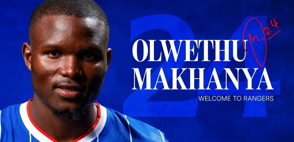Olwethu Makhanya in Rangers kit with welcome message
