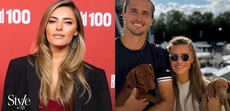 Two images: woman at event, couple with puppies