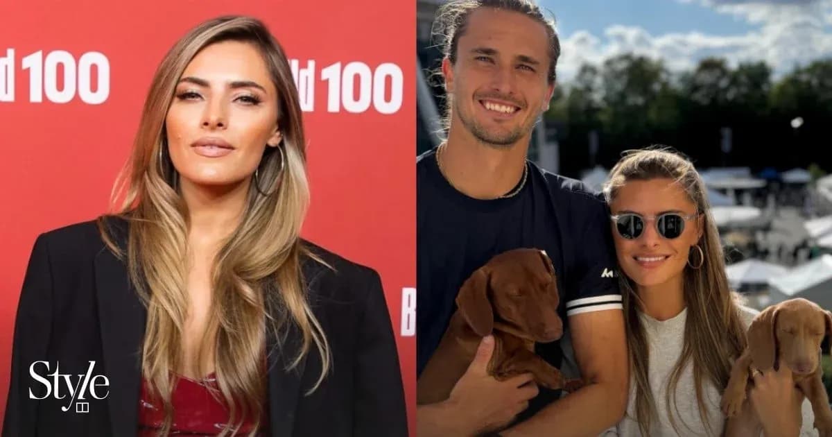 Two images: woman at event, couple with puppies