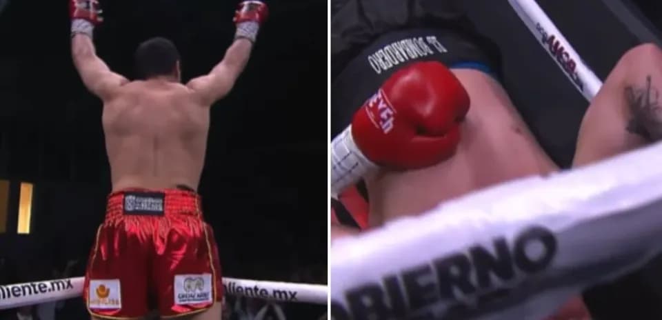 Boxer celebrating victory after knockout in ring