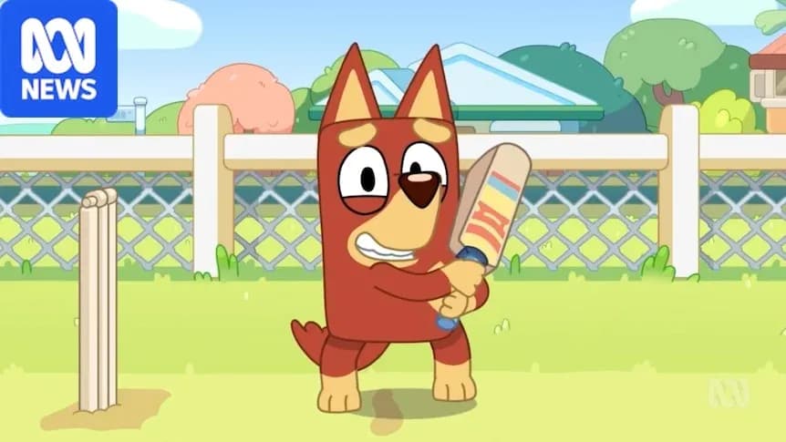 Animated dog character holding a cricket bat