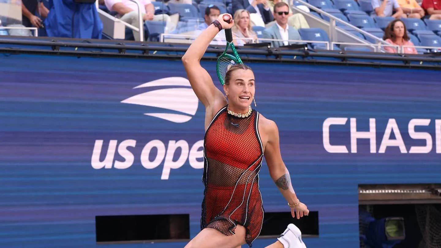 Player serving during US Open match