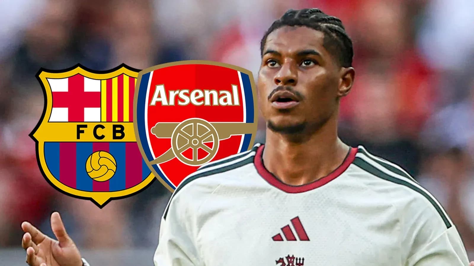 Player in white jersey with Barcelona and Arsenal logos