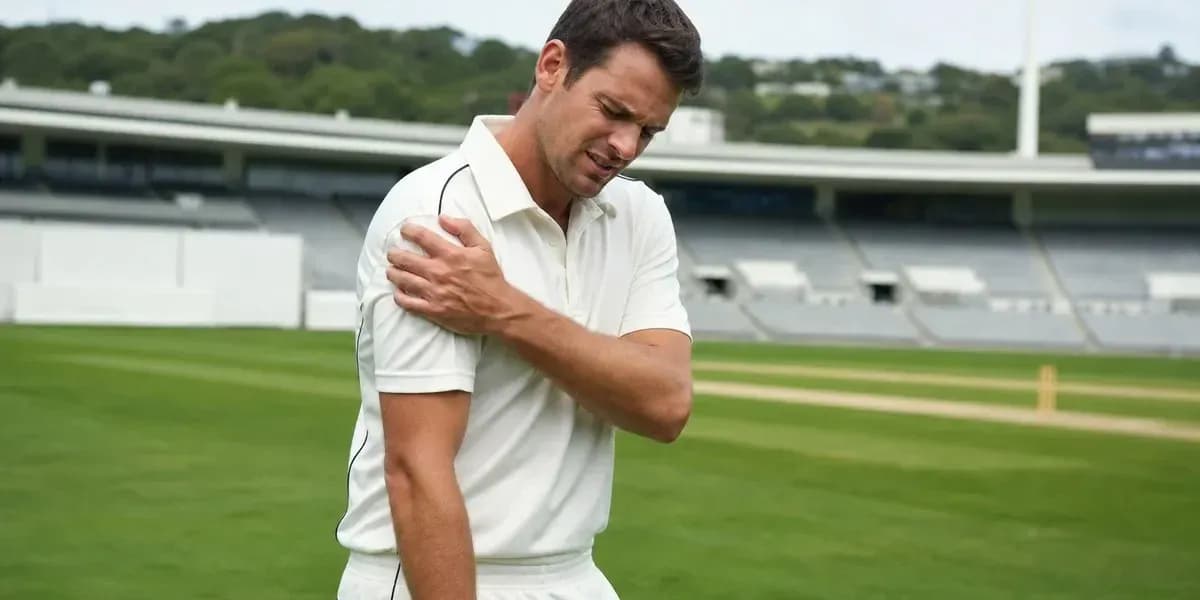 Cricketer holding shoulder in pain on field